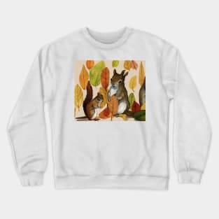 Squirrel mother and son with autumn leaves Crewneck Sweatshirt